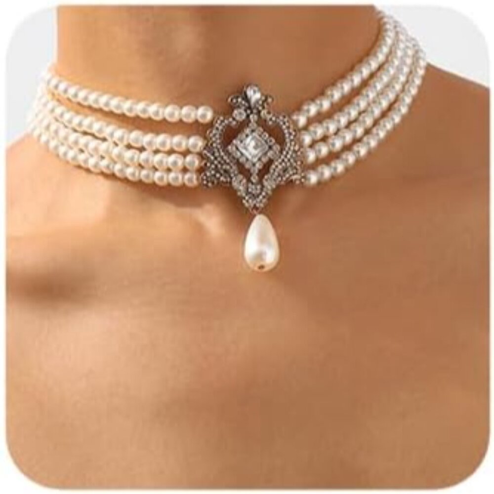 Boho Women Bridal Vintage 1920s Layered Tassels Pearl Shiny Rhinestones Choker N